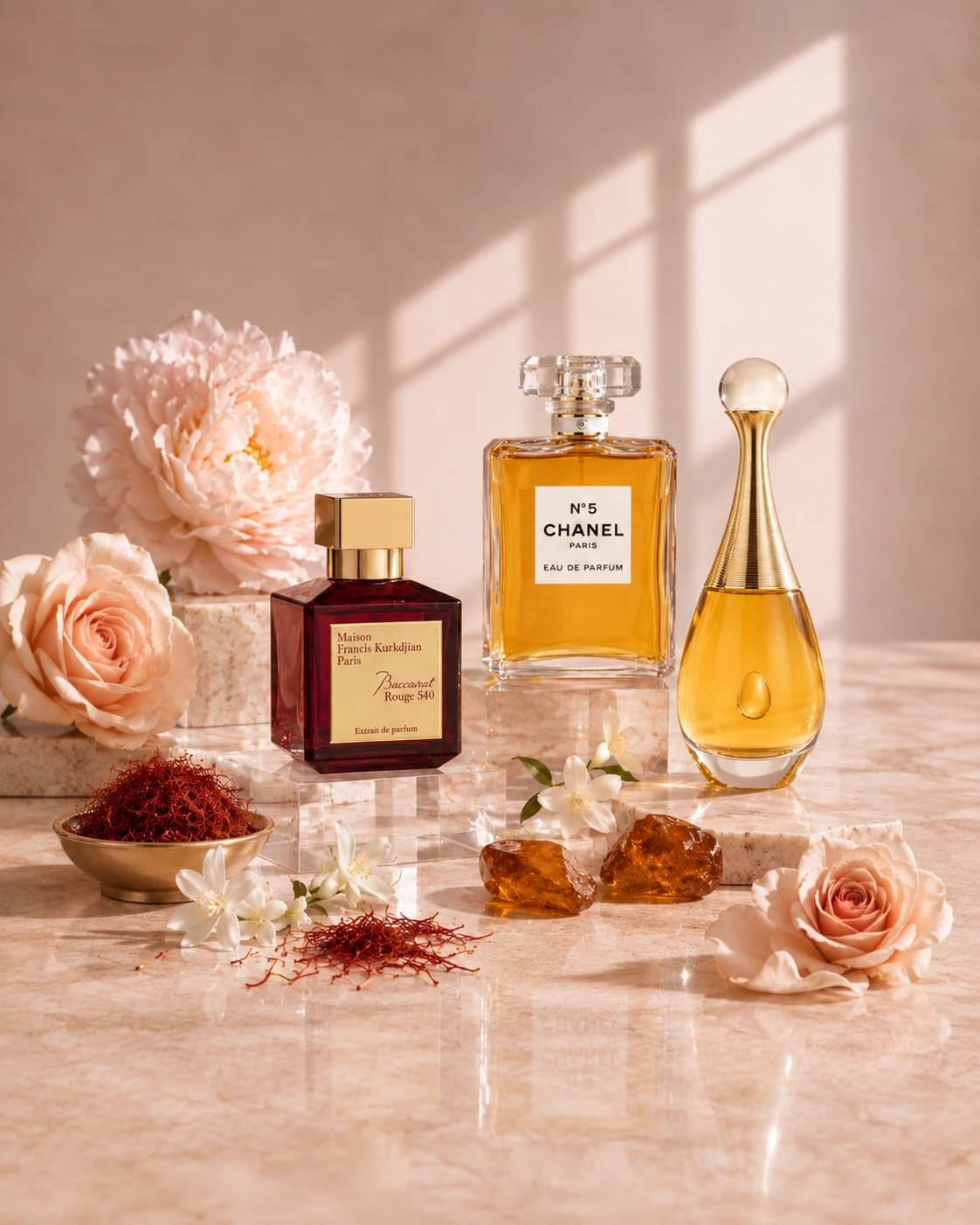 Baccarat Rouge 540, Chanel No 5 and Dior J’adore arranged on a marble tabletop with roses and saffron